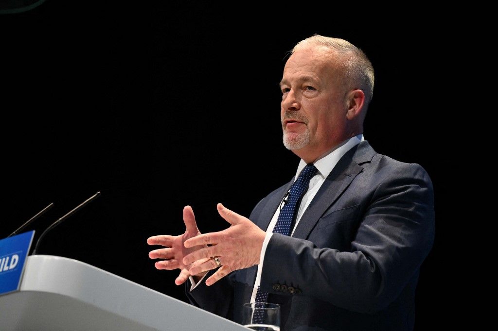 BIRMINGHAM, UNITED KINGDOM - SEPTEMBER 29: Conservative Party Chairman Richard Fuller speaks during the Conservative Party Conference 2024 that is held at the International Convention Center (ICC) in Birmingham, UK on September 29, 2024. Rasid Necati Aslim / Anadolu (Photo by Rasid Necati Aslim / Anadolu via AFP)