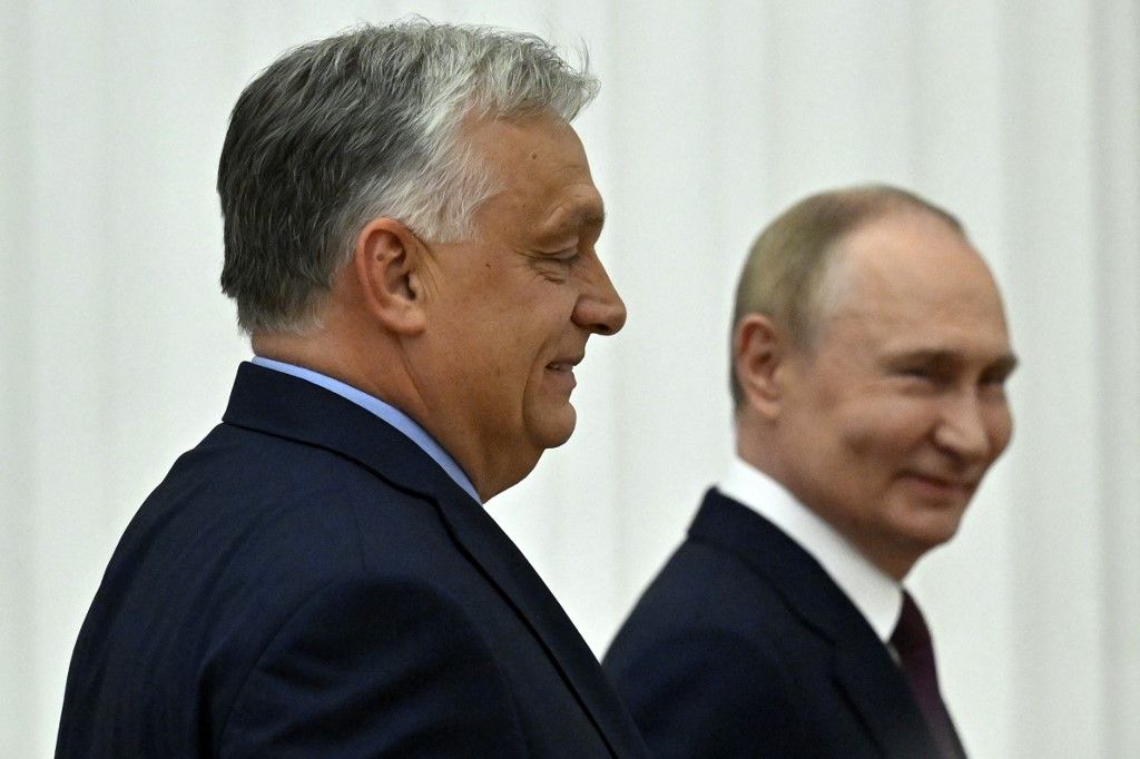 Russia's President Vladimir Putin and Hungary's Prime Minister Viktor Orban leave after delivering a joint press statement following their talks at the Kremlin in Moscow on July 5, 2024. (Photo by Alexander NEMENOV / AFP)