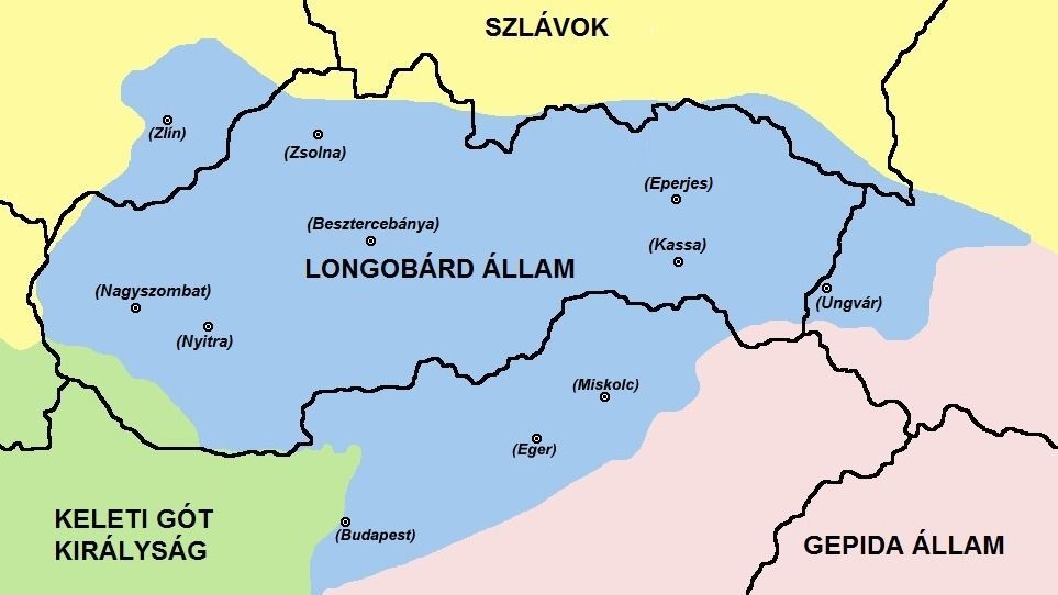 A longobárd állam a 6. században. Forrás: Wikipedia