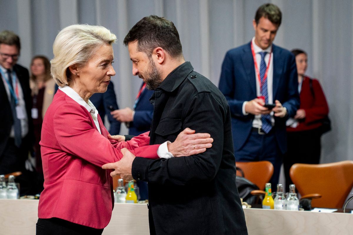 Chair of the European Commission, Ursula von der Leyen, and Ukraine's President, Volodymyr Zelensky, as the EU's European leaders and leaders of key European and international institutions meet for an informal political and strategic dialogue at Bella Center in Copenhagen, Denmark, on Thursday, October 2, 2025. Denmark is hosting the seventh meeting of the European Political Community, EPC.. (Photo: Ida Marie Odgaard/Ritzau Scanpix) (Photo by Ida Marie Odgaard / Ritzau Scanpix via AFP)