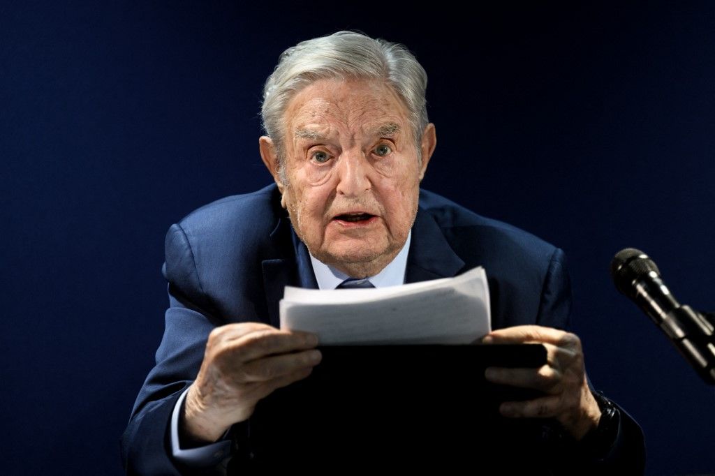 Hungarian-born US investor and philanthropist George Soros addresses the assembly on the sidelines of the World Economic Forum (WEF) annual meeting in Davos on May 24, 2022. (Photo by Fabrice COFFRINI / AFP)