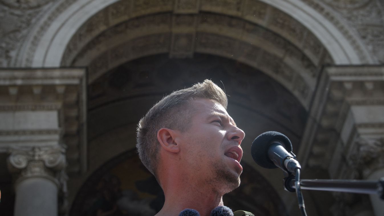 Leader of TISZA opposition party Peter Magyar delivers a speech on May 14, 2025 in Budapest, Hungary, prior to his departure for a protest walk with supporters from Budapest to Oradea (Romania). Peter Magyar announced I will take one million steps with a