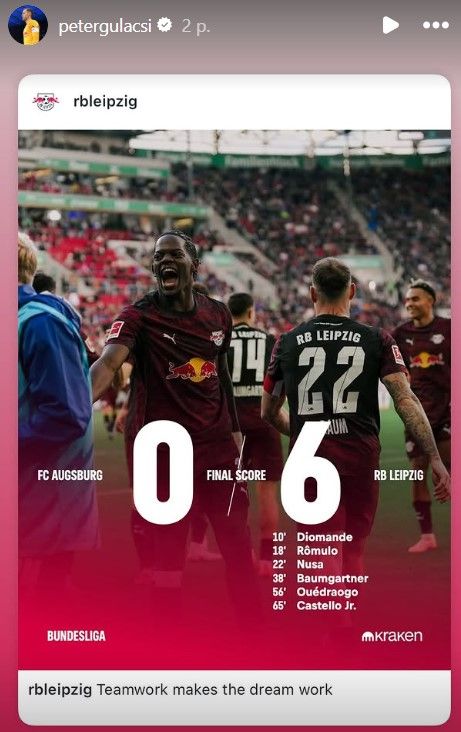 A lipcseiek magyar kapusa, Gulácsi Péter is azonnal megemlékezett az RB Leipzig Bundesliga-történeti győzelméről, Willi Orbán