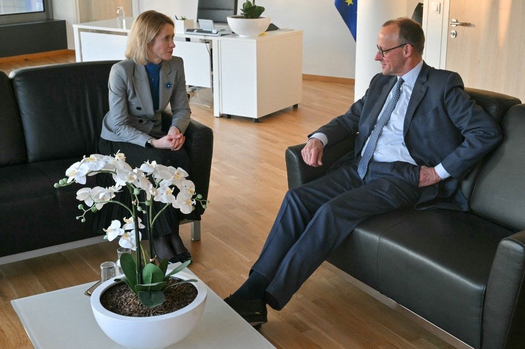 European Union High Representative for Foreign Affairs and Security Policy Kaja Kallas (L) and Leader of Germany's Christian Democratic Union (CDU) Friedrich Merz meet in Brussels on March 5, 2025. (Photo by NICOLAS TUCAT / AFP)