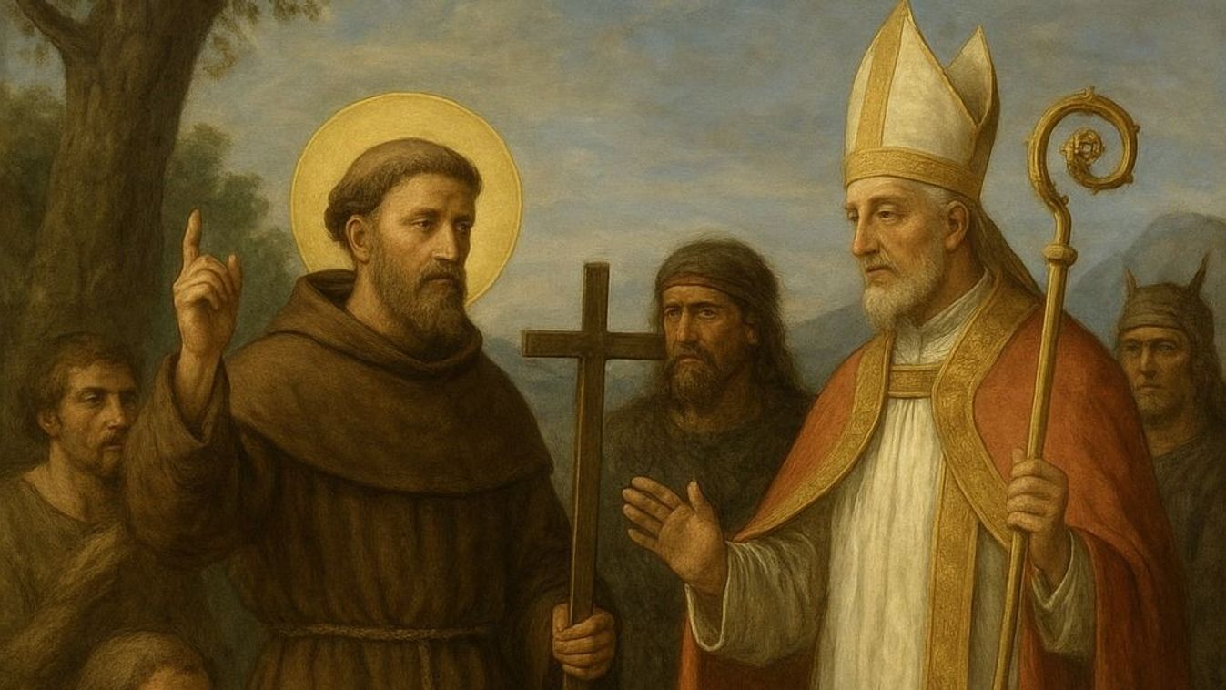 Asztrik és Adalbert pogányokat keresztény hitre térítenek.