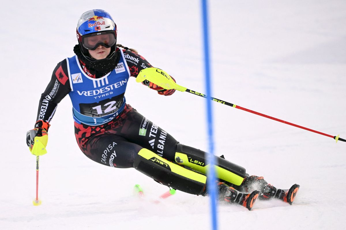 Albania's Lara Colturi competes during the first run of the women's slalom of FIS Alpine Skiing World Cup at the Levi Ski Centre in Kittila, on November 15, 2025. (Photo by Roni Rekomaa / Lehtikuva / AFP) / Finland OUT