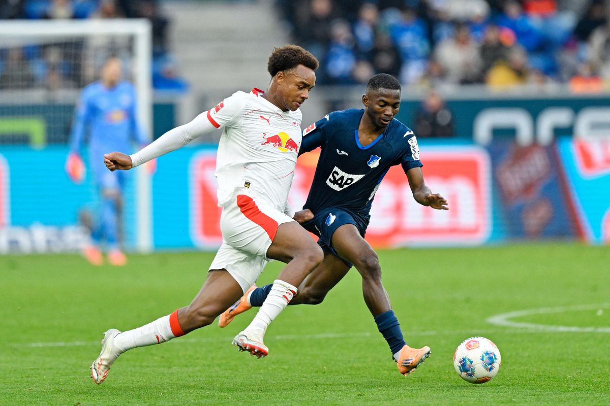 08 November 2025, Baden-Württemberg, Sinsheim: Soccer: Bundesliga, TSG 1899 Hoffenheim - RB Leipzig, Matchday 10, PreZero Arena. Assan Ouédraogo (l, RB Leipzig) and Bazoumana Touré (1899 Hoffenheim) fight for the ball. Photo: Uwe Anspach/dpa - IMPORTANT NOTE: In accordance with the regulations of the DFL German Football League and the DFB German Football Association, it is prohibited to utilize or have utilized photographs taken in the stadium and/or of the match in the form of sequential images and/or video-like photo series. (Photo by UWE ANSPACH / dpa Picture-Alliance via AFP)