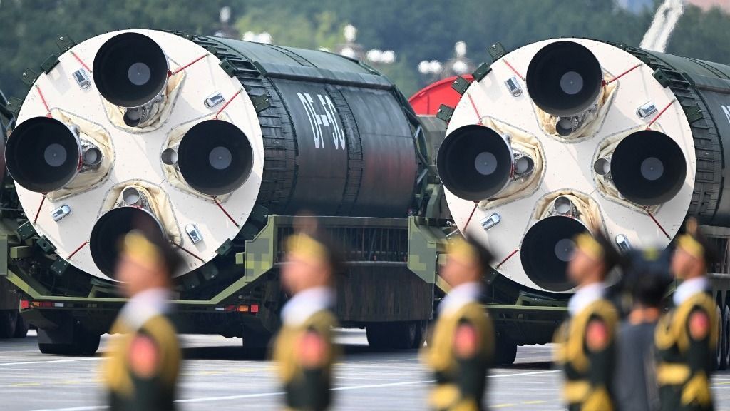 (250903) -- BEIJING, Sept. 3, 2025 (Xinhua) -- The nuclear missile formation attends a military parade in Beijing, capital of China, Sept. 3, 2025. China on Wednesday held a grand gathering to commemorate the 80th anniversary of the victory in the Chinese People's War of Resistance against Japanese Aggression and the World Anti-Fascist War. (Xinhua/Yang Guanyu) (Photo by Yang Guanyu / Xinhua via AFP)