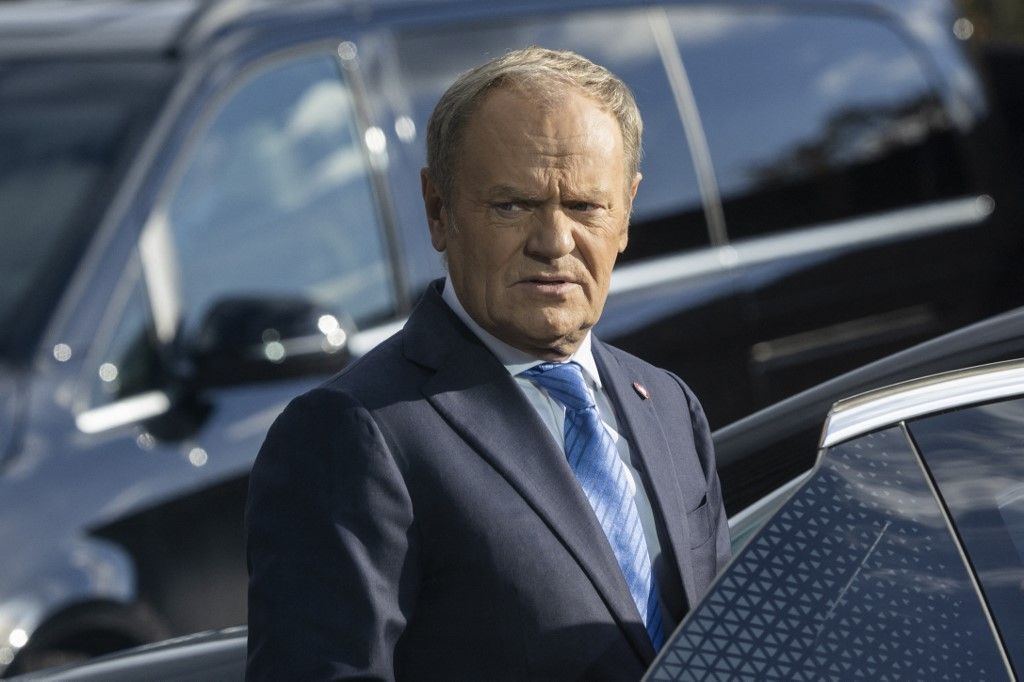 Polish Prime Minister Donald Tusk after the National Convention of the Civic Coalition, where the merger of three parties into one ,Civic Coalition was announced in Warsaw, Poland, on October 25, 2025. NO SALES POLAND (Photo by Andrzej Iwanczuk/NurPhoto) (Photo by ANDRZEJ IWANCZUK / NurPhoto via AFP)
