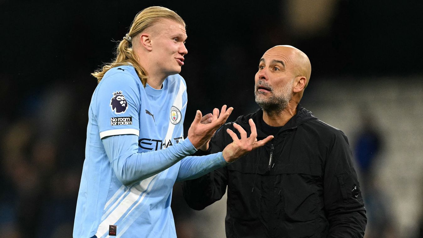 Erling Haaland (balra) és Pep Guardiola szóváltása a Manchester City győzelme után
