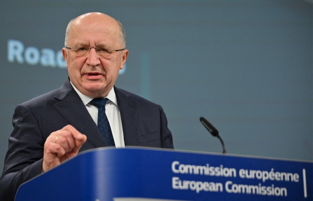 BRUSSELS, BELGIUM - NOVEMBER 19: EU High Representative for Foreign Affairs and Security Policy Kaja Kallas (not seen), European Commission members Henna Virkkunen (not seen), Andrius Kubilius, and Apostolos Tzitzikostas (not seen) during a joint press conference on the âMilitary Mobility Package,â? in Brussels, Belgium on November 19, 2025 Dursun Aydemir / Anadolu (Photo by Dursun Aydemir / Anadolu via AFP)
