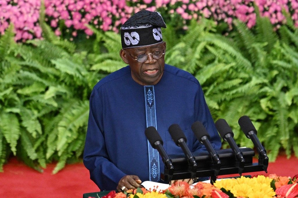 Nigerias President Bola Ahmed Tinubu speaks at the at the opening ceremony of the Forum on China-Africa Cooperation (FOCAC) in Beijings Great Hall of the People on September 5, 2024. (Photo by GREG BAKER / POOL / AFP)