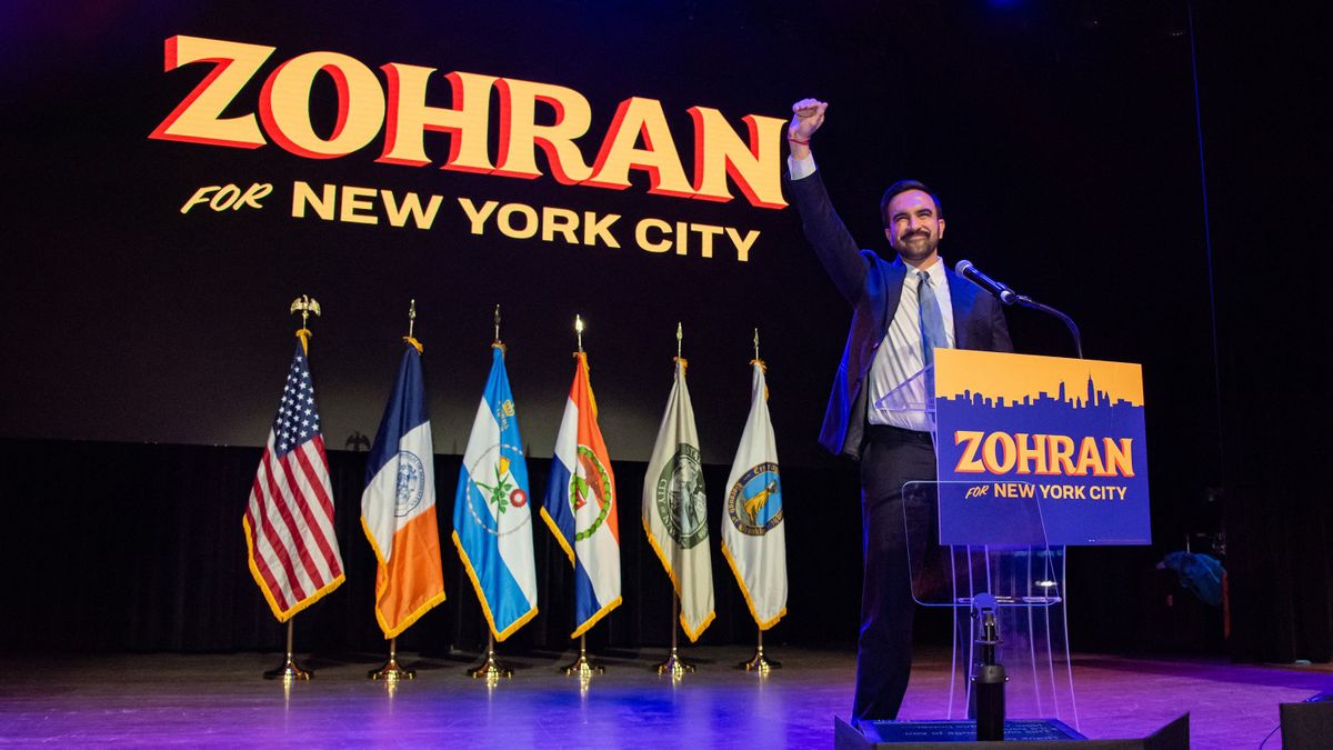 Zohran Mamdani, New York City mayoral candidate, during an election night event at The Brooklyn Paramount Theater in the Brooklyn borough of New York, US, on Tuesday, Nov. 4, 2025. Mamdani won a historic victory to become the city's 111th mayor defeating independent mayoral candidate Andrew Cuomo and Republican mayoral candidate Curtis Sliwa. (Photo by Neil Constantine/NurPhoto) (Photo by Neil Constantine / NurPhoto via AFP)