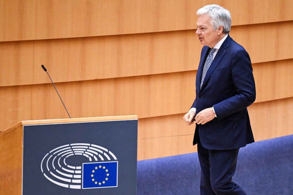 EU Commissioner for Justice, Didier Reynders attends a plenary session at the European Parliament in Brussels, on April 10, 2024. (Photo by LAURIE DIEFFEMBACQ / BELGA / AFP)