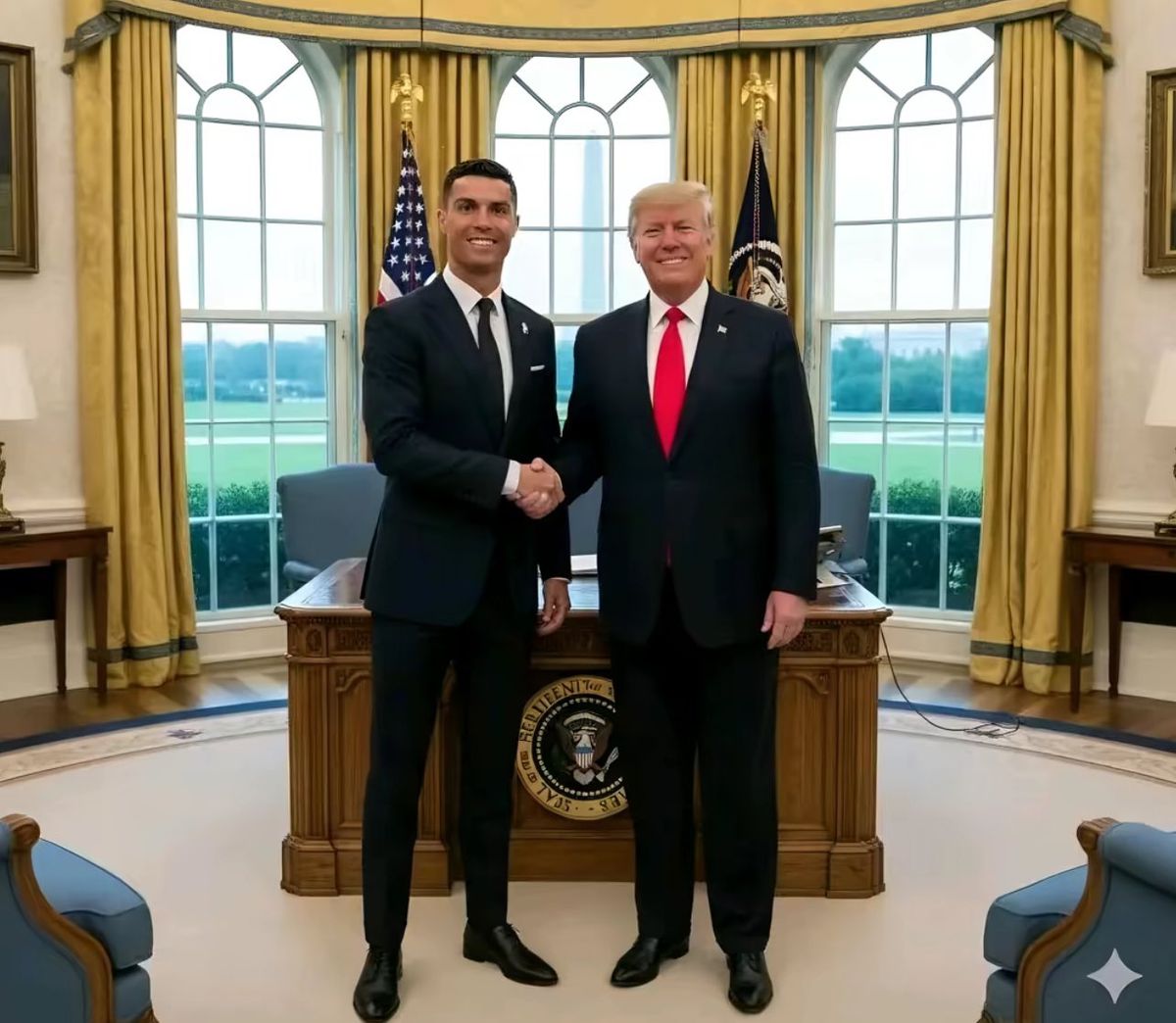 Cristiano Ronaldo és Donald Trump kézfogója az elnöki dolgozószobában