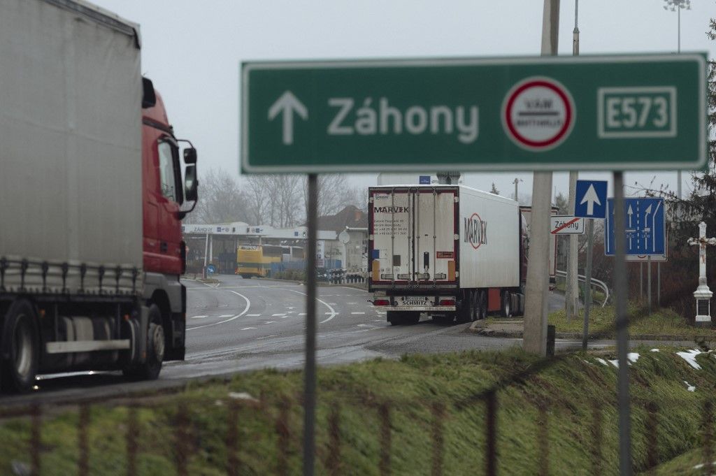 ZAHONY, HUNGARY - DECEMBER 11: Ukrainian trucks wait at the Hungary-Ukraine border, in Zahony, Hungary, on the 11th of December 2023. A protest by Hungarian truckers started in Zahony on Dec. 11, aims to demand restrictions on Ukrainian haulers working in the EU. Robert Nemeti / Anadolu (Photo by Robert Nemeti / Anadolu via AFP)