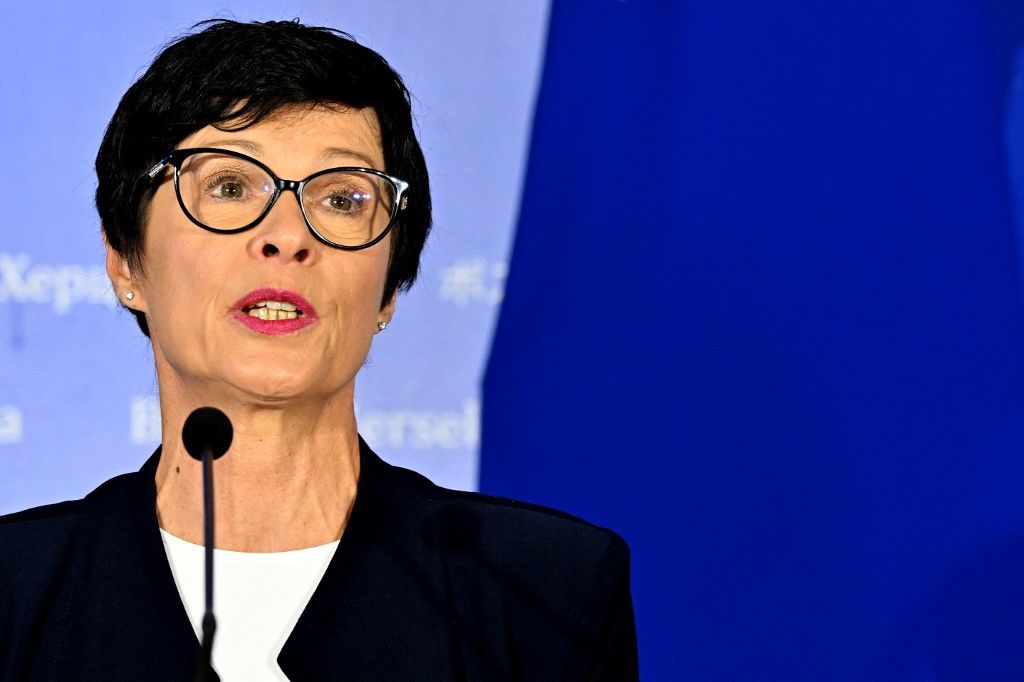 EU Commissioner for Enlargement Marta Kos takes questions during a press conference, in Sarajevo on September 22, 2025. Commissioner Kos arrived for a 3-day official visit to Bosnia and Herzegovina, where she is planned to have a series of meetings with country's officials as well as representatives of civil society. (Photo by ELVIS BARUKCIC / AFP)