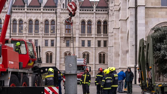 Budapest, 2025. november 24. Az ország karácsonyfája megérkezik az Országház előtti Kossuth térre 2025. november 24-én. A 31 felajánlás közül az Országgyűlés Hivatala az ibrányi, hozzávetőleg 23 méter magas 40 esztendős ezüstfenyőt talált a legszebbnek. 