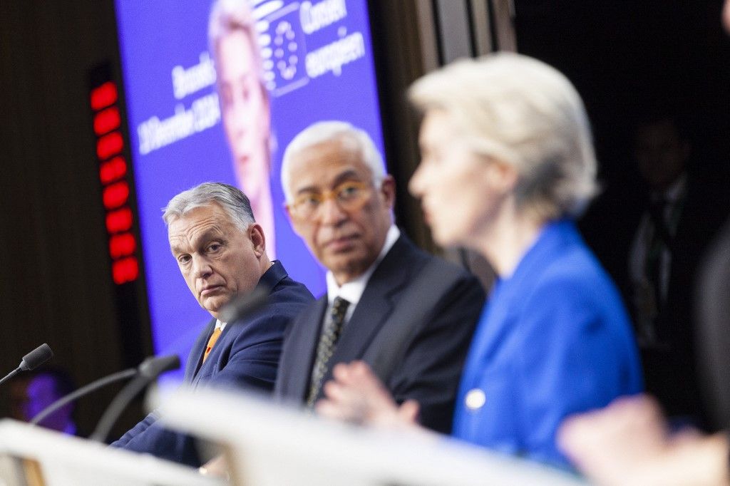 BRUSSELS, BELGIUM - DECEMBER 19: Hungarian Prime Minister Viktor Orban, European Commission President Ursula von der Leyen and European Commission President Ursula von der Leyen hold a joint press conference during the EU Summit at the EU headquarters in Brussels, Belgium on December 19, 2024. Nicolas Landemard / Anadolu (Photo by Nicolas Landemard / Anadolu via AFP)