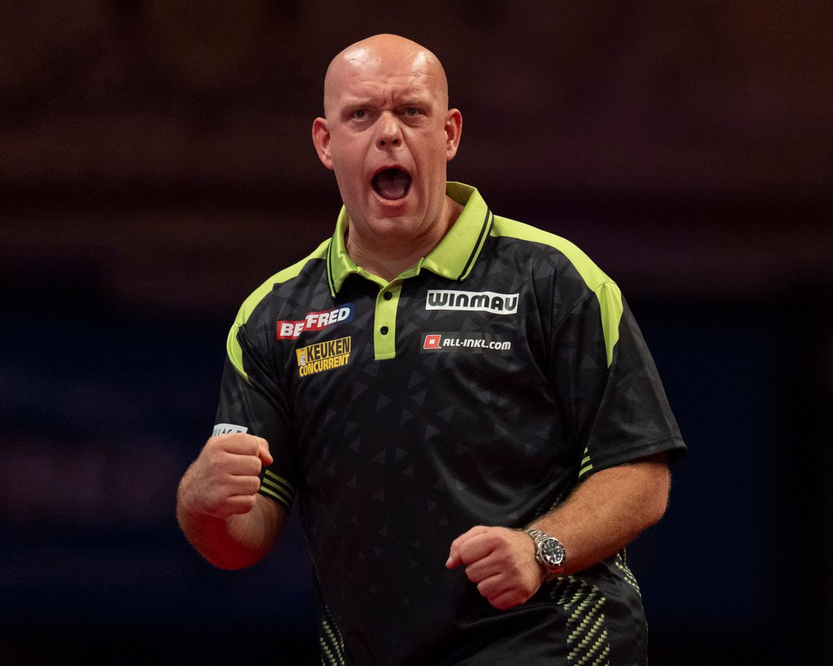 July 21, 2024, Blackpool, Lancashire, England: 21st July 2025; Winter Gardens, Blackpool, England; 2025 Betfred World Matchplay Darts Day 3; Michael van Gerwen celebrates after throwing a 180 during his match (Credit Image: © Steven Flynn/Action Plus Sports via ZUMA Press Wire)