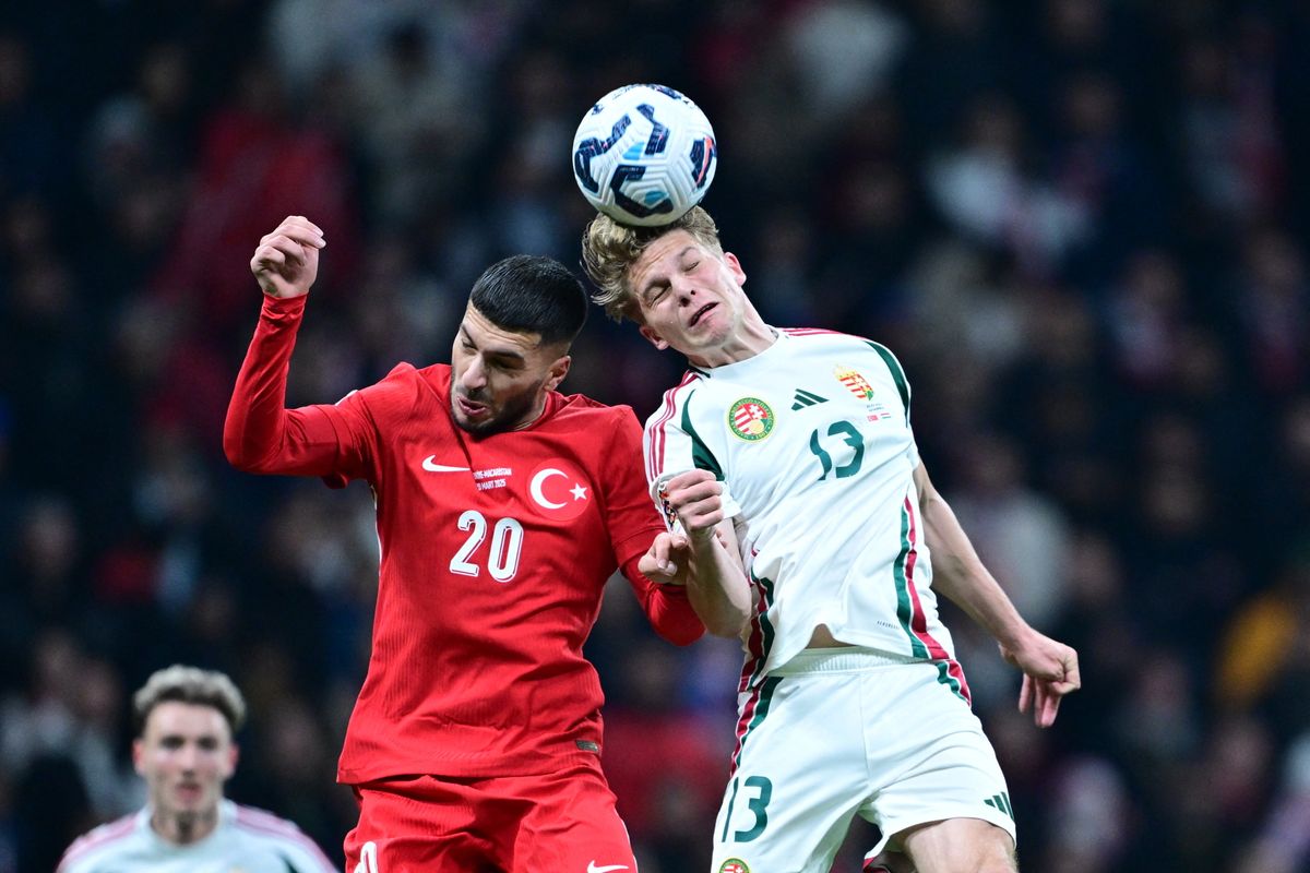 ISTANBUL, TURKIYE - MARCH 20: Oguz Aydin of Turkiye in action against Andras Schafer (13) of Hungary during the UEFA Nations League A/B play-off first-leg match between Turkiye and Hungary at RAMS Park in Istanbul, Turkiye on March 20, 2025. Abdulhamid Hosbas / Anadolu (Photo by ABDULHAMID HOSBAS / Anadolu via AFP)