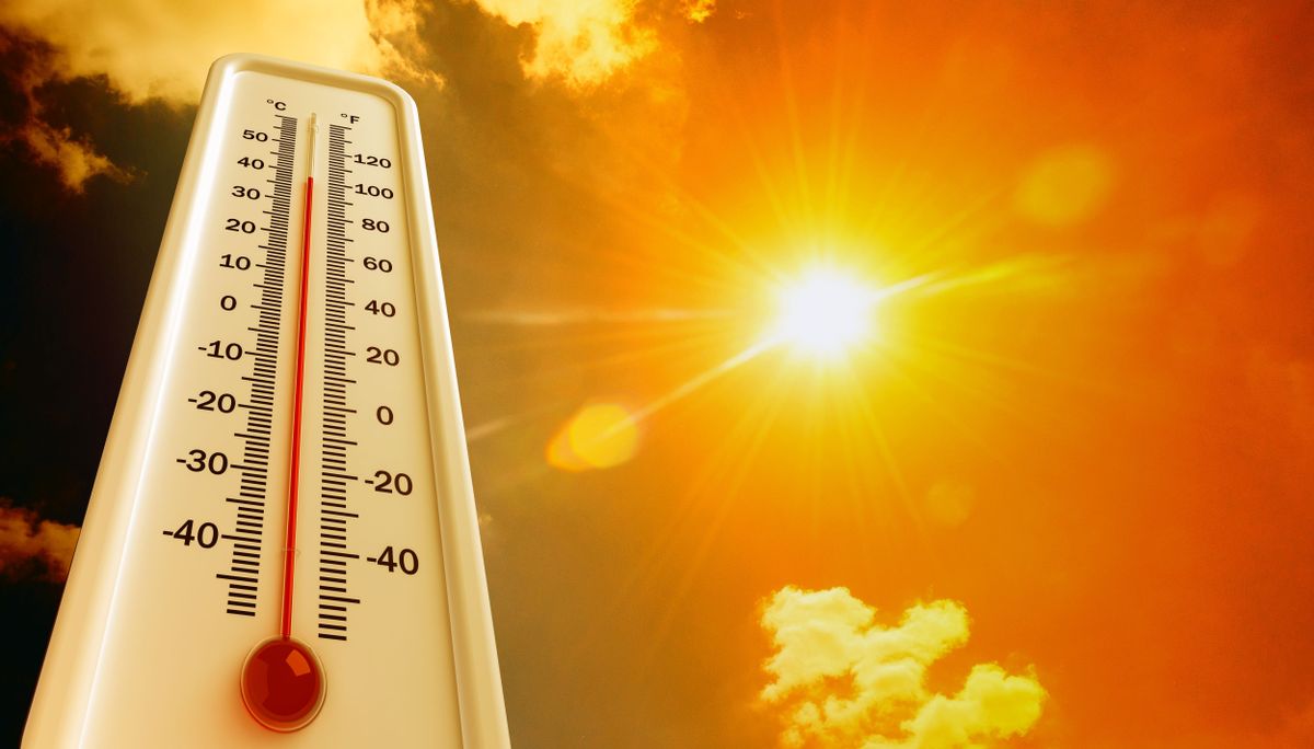 Heat, thermometer shows the temperature is hot in the sky, Summer