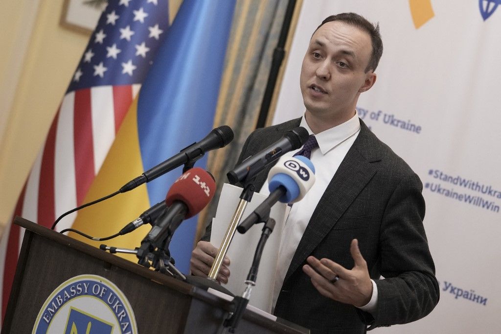 Special Envoy for Sanctions of the Ukrainian President Vladyslav Vlasiuk, speaks during a news conference at the Ukrainian Embassy, following an earlier meeting with US Secretary of State Marco Rubio at the State Department in Washington, DC on June 4, 2025. (Photo by Oliver Contreras / AFP)