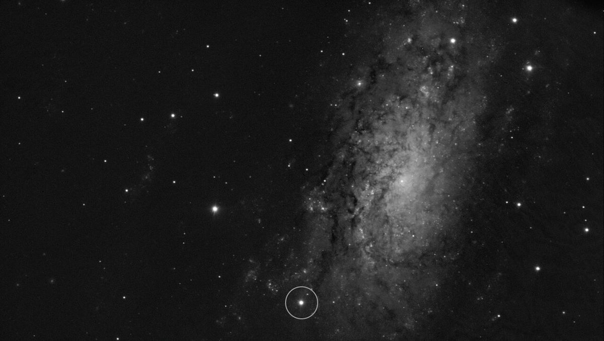 This image shows the location of the supernova SN 2024ggi in the NGC 3621 galaxy. It was taken on 11 April 2024, just 26 hours after the initial detection of the supernova. The image was obtained with the FORS2 instrument on ESO’s Very Large Telescope (VLT). Among other capabilities, FORS2 allows to obtain spectra in polarised light. This technique, called spectropolarimetry, provides crucial information about the shape of the explosion even though it appears as a single point as seen from Earth. 