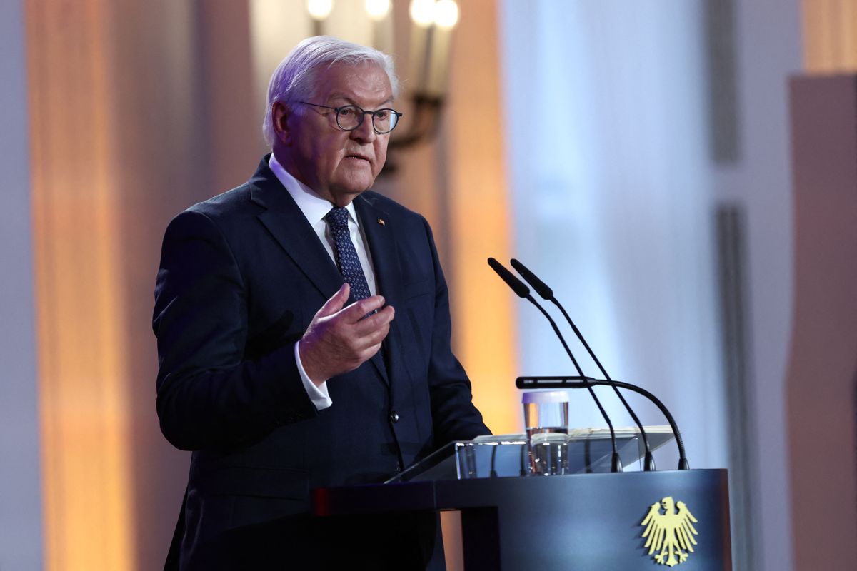 German President Frank-Walter Steinmeier gives a speech on current dangers to democracy, on the anniversary of the fall of the Berlin Wall in 1989, the Nazi's anti-Jewish pogrom of 1938 and the proclamation of the post-World War I republic in 1918, at the German President's Bellevue Palace in Berlin, Germany, on November 9, 2025. (Photo by Maryam Majd / POOL / AFP)