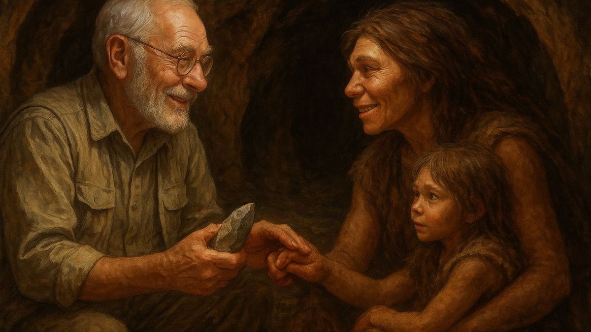 Neandervölgyi anya és gyermeke elképzelt találkozása a régésszel