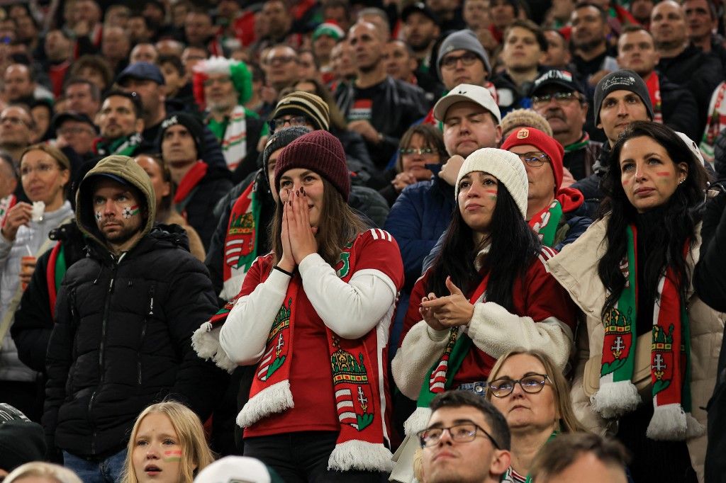 Hungarian fans react during the FIFA 2026 World Cup Qualifiers match at Puskas Arena in Budapest, Hungary, on November 16, 2025. (Photo by Pal Gollner/NurPhoto) (Photo by Pál Göllner / NurPhoto via AFP)