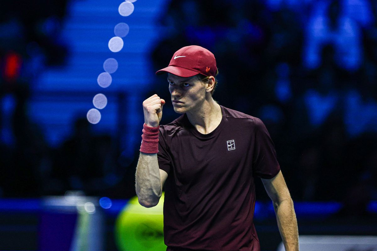 Jannik Sinner of Italy celebrates in the final men's singles round match against Carlos Alcaraz of Spain during day eight and the final of the Nitto ATP Finals 2025 at Inalpi Arena in Turin, Italy, on November 16, 2025. (Photo by Miguel Reis/NurPhoto) (Photo by Miguel Reis / NurPhoto via AFP)