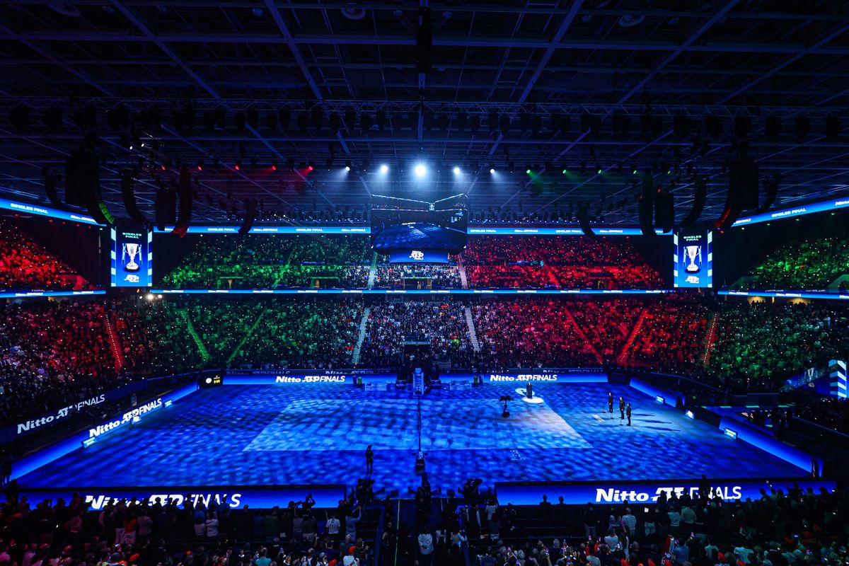 A general view of the Inalpi Arena appears before Carlos Alcaraz of Spain plays in the Final Men's Singles Round match against Jannik Sinner of Italy during day eight of the Nitto ATP Finals 2025 at Inalpi Arena in Turin, Italy, on November 16, 2025. (Photo by Miguel Reis/NurPhoto) (Photo by Miguel Reis / NurPhoto via AFP)