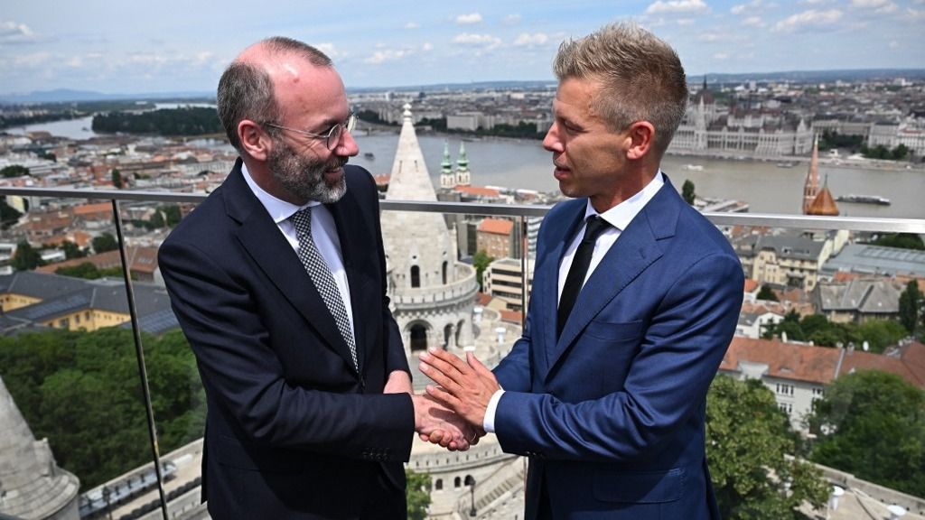 President of the centre-right European People's Party (EPP) Manfred Weber  (L) shakes hands with leader of Hungarian Tisza party and former government member turned opposition leader Peter Magyar during a meeting on top of a Budapest's hotel in Hungary on June 14, 2024. Weber arrived to Budapest about the accession of the seven elected members of the European Parliament of the Tisza party. (Photo by Attila KISBENEDEK / AFP)