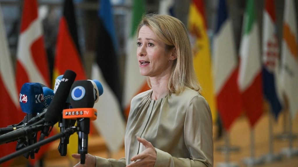 EU High Representative and Vice-President for Foreign Affairs and Security Policy Kaja Kallas speaks to the press as she arrives for a Foreign Affairs Council meeting at the EU headquarters in Brussels, on November 20, 2025. (Photo by NICOLAS TUCAT / AFP)