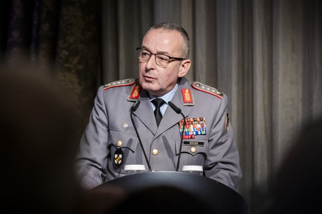 07 November 2025, Berlin: Carsten Breuer, Inspector General of the Bundeswehr, speaks at the Bundeswehr Conference 2025 under the motto "Strengthen operational readiness. Accelerate growth. Guarantee security", the strategic direction of the Bundeswehr will be discussed with Federal Minister of Defense Pistorius, among others. Photo: Christoph Soeder/dpa (Photo by Christoph Soeder / dpa Picture-Alliance via AFP)