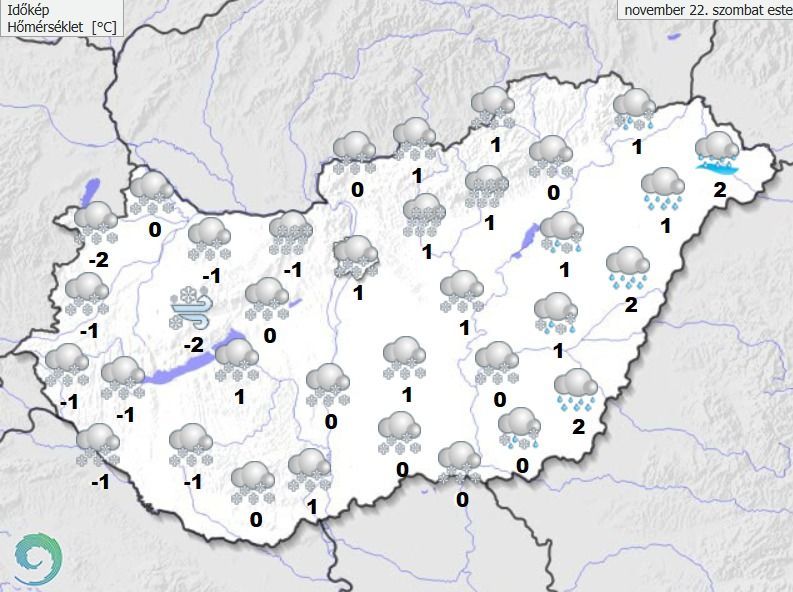 Szombat este az ország jelentős részén havazás várható (Forrás: HungaroMet)