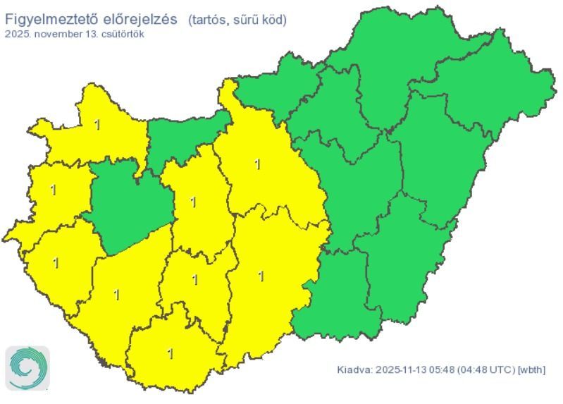 Kilenc vármegyére adta ki első fokú figyelmeztetést a sűrű köd miatt (Forrás: HungaroMet)