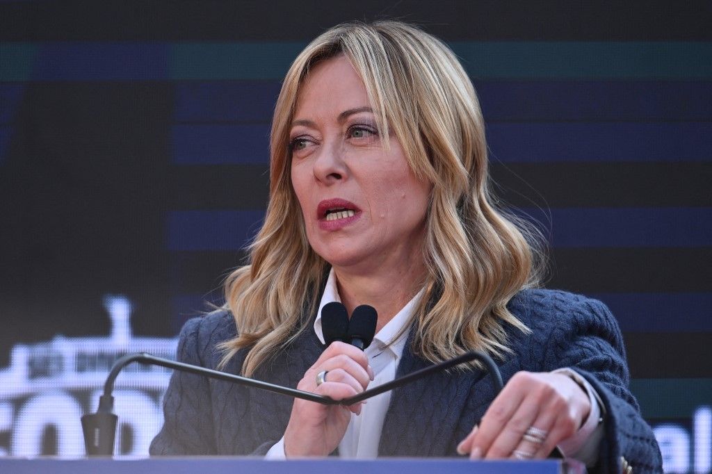 Giorgia Meloni, President of the Council of Ministers, attends the 2025 Atreju political festival organized by the Fratelli d'Italia party (Brothers of Italy) near Castel Sant'Angelo in Rome, Italy, on December 15, 2025. (Photo by Domenico Cippitelli/NurPhoto) (Photo by Domenico Cippitelli / NurPhoto via AFP)