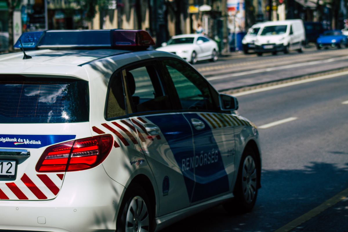 Budapest Hungary july 15, 2020 View of a traditional Hungarian police car driving through the streets of Budapest the capital and the most populous city of Hungary