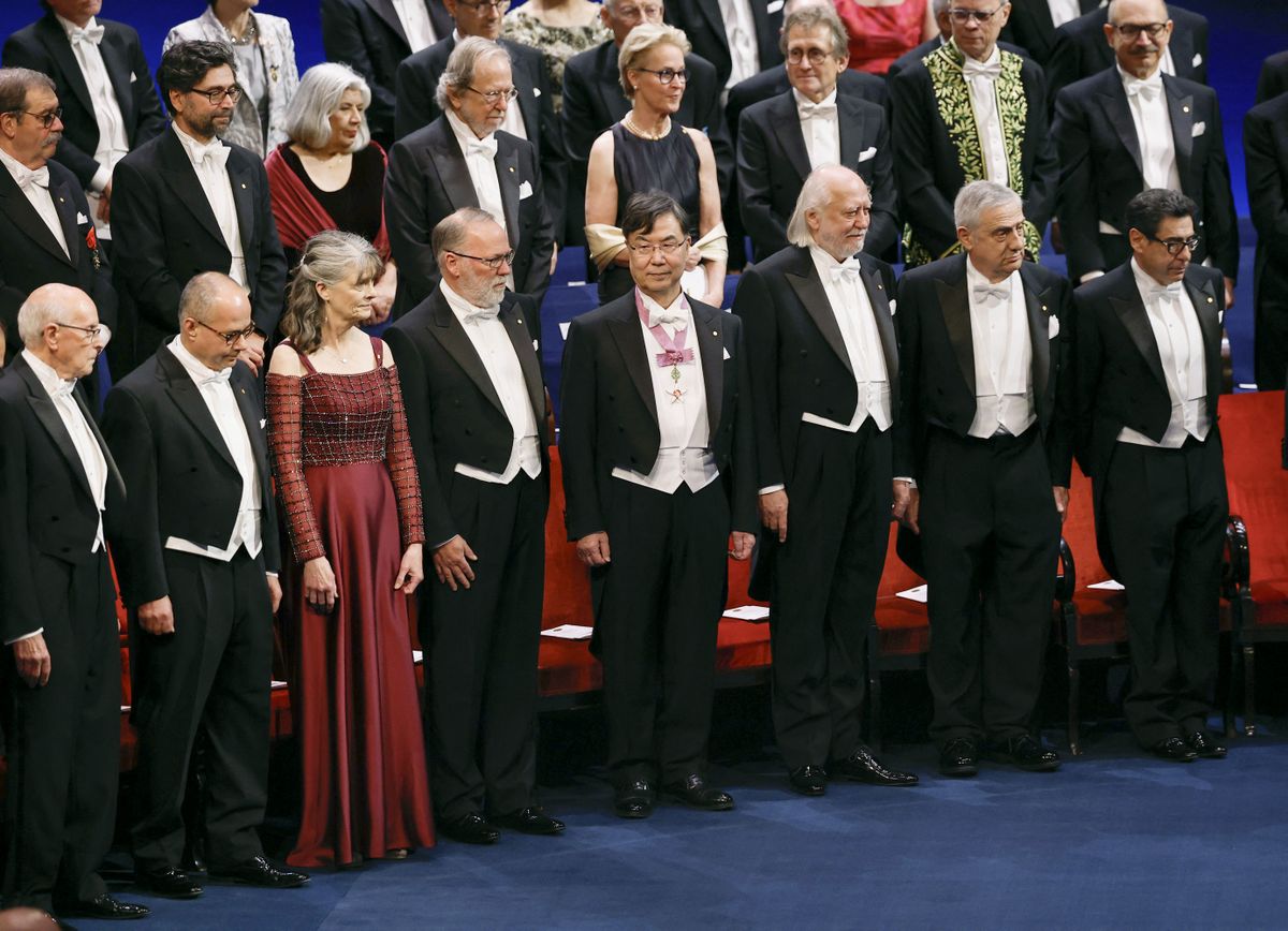 Shimon Sakaguchi (C) attends the Nobel Prize award ceremony at a concert hall in Stockholm, Sweden on December 10, 2025. Sakaguchi is a Japanese immunologist best known for discovering regulatory T cells and explaining their role in the immune system, and was jointly honored with the Nobel Prize in Physiology or Medicine in 2025. ( The Yomiuri Shimbun ) (Photo by Pool for Yomiuri / The Yomiuri Shimbun via AFP)