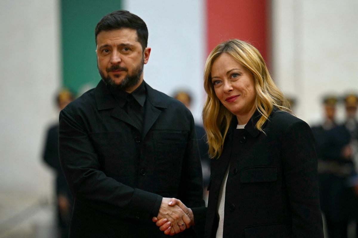 Italy's Prime Minister, Giorgia Meloni welcomes Ukraine's President Volodymyr Zelensky at Palazzo Chigi prior their meeting in Rome on December 9, 2025. (Photo by Filippo MONTEFORTE / AFP)