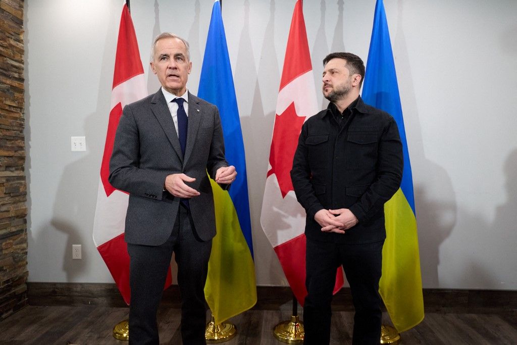 Mark Carney kanadai miniszterelnök és Volodimir Zelenszkij Ukrajna elnöke Fotó: HANDOUT / UKRAINIAN PRESIDENTIAL OFFICE