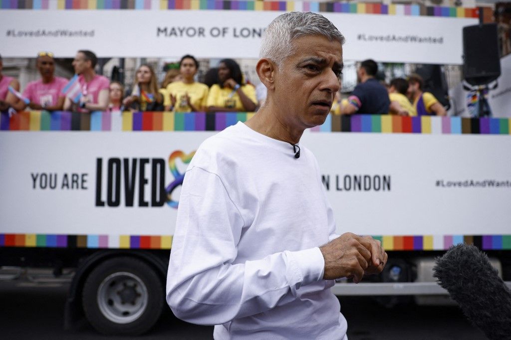 Mayor of London Sadiq Khan speaks to members of the media at the annual Pride Parade, by members of the Lesbian, Gay, Bisexual and Transgender (LGBT+) community, in London on July 5, 2025. (Photo by BENJAMIN CREMEL / AFP)