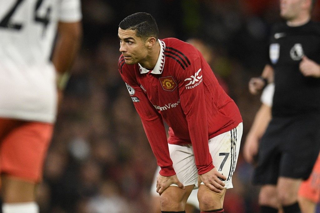 Manchester United's Portuguese striker Cristiano Ronaldo gestures during the English Premier League football match between Manchester United and West Ham United at Old Trafford in Manchester, north-west England, on October 30, 2022. (Photo by Oli SCARFF / AFP) / RESTRICTED TO EDITORIAL USE. No use with unauthorized audio, video, data, fixture lists, club/league logos or 'live' services. Online in-match use limited to 120 images. An additional 40 images may be used in extra time. No video emulation. Social media in-match use limited to 120 images. An additional 40 images may be used in extra time. No use in betting publications, games or single club/league/player publications. /