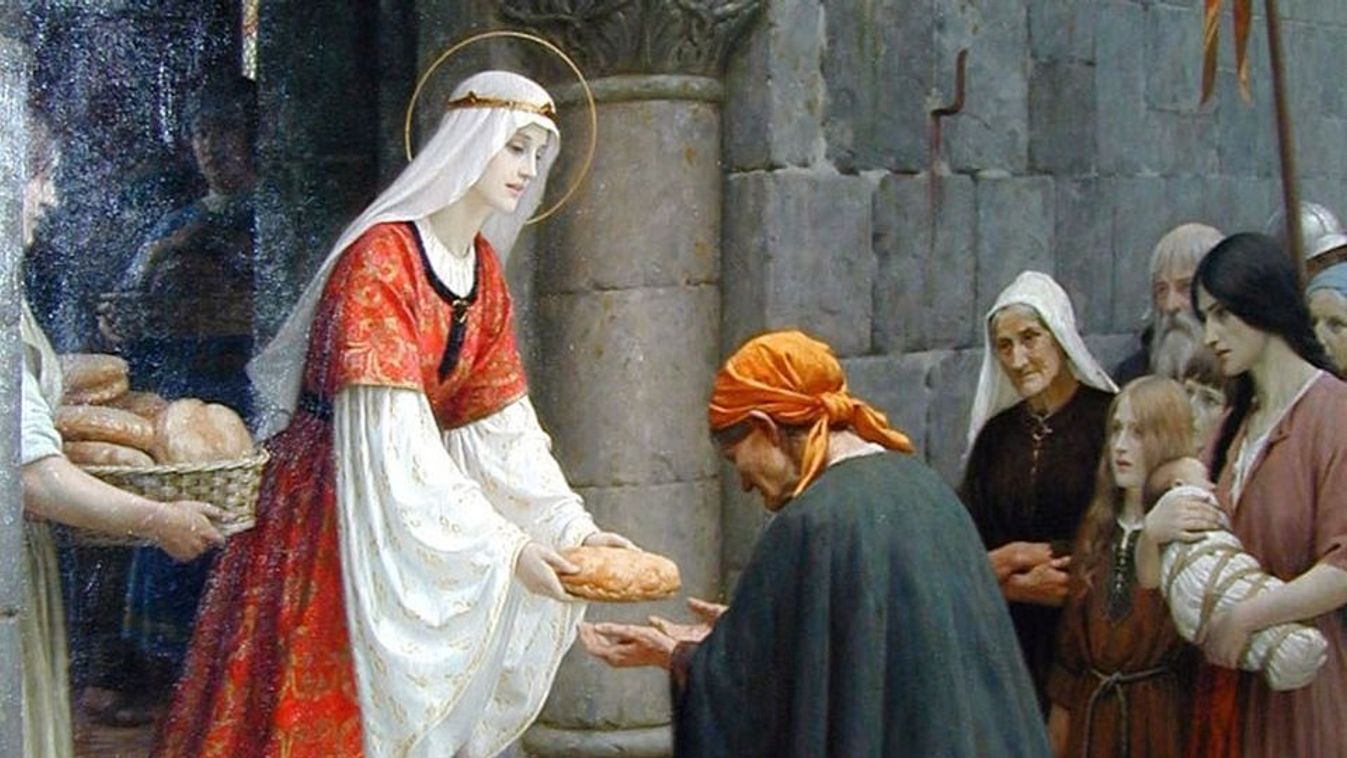 Árpádházi Szent Erzsébet kenyeret oszt a szegényeknek