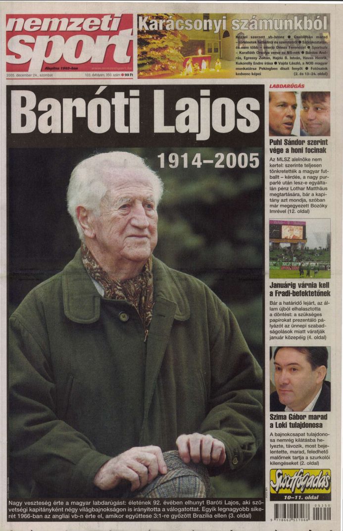 Baróti Lajos a Nemzeti Sport címlapján