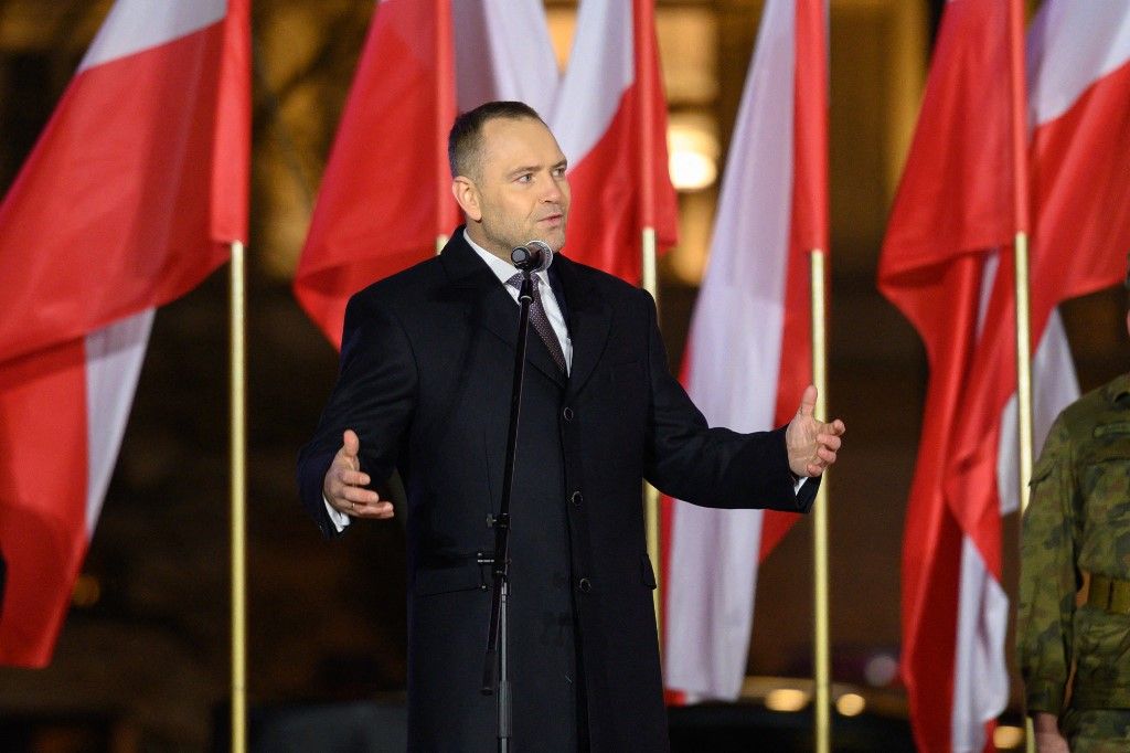 Poland's President Karol Nawrocki speaks as he takes part in the 44th anniversary of the imposition of martial law in Warsaw, Poland, on December 13, 2025. The Martial Law, imposed by the Military Council for National Salvation (WRON) on December 13, 1981, led by then Prime Minister General Wojciech Jaruzelski, is lifted on July 22, 1983. The aim of the government of the Polish People's Republic is to drastically restrict everyday life by introducing martial law and a military junta in an attempt to counter political opposition, in particular the Solidarity movement. (Photo by Aleksander Kalka/NurPhoto) (Photo by Aleksander Kalka / NurPhoto via AFP)