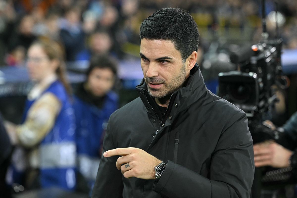 Arsenal's Spanish coach Mikel Arteta gestures from the techincal area during the UEFA Champions League, league phase - matchday 6, football match between Club Brugge and Arsenal at the Jan Breydel stadium in Bruges on December 10, 2025. (Photo by NICOLAS TUCAT / AFP)
