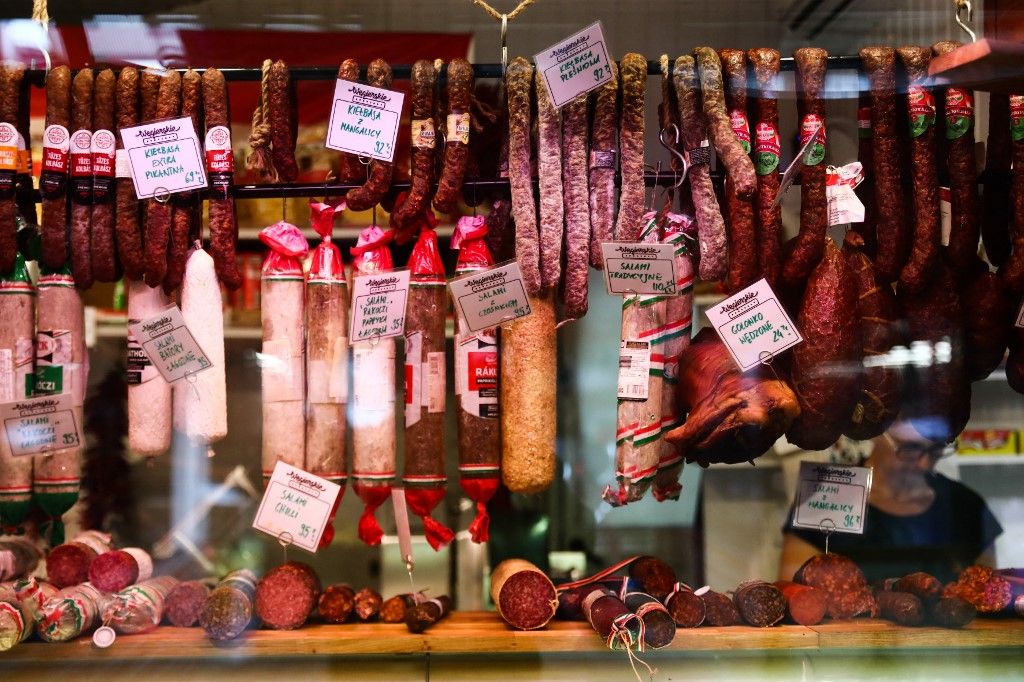 Stand with Hungarian meat is seen at Stary Kleparz market in Krakow, Poland on August 31, 2021. (Photo by Jakub Porzycki/NurPhoto) (Photo by Jakub Porzycki / NurPhoto via AFP)